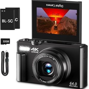 4K Digital Camera for Photography, 64MP Vlogging Camera for YouTube with 3" 180° Flip Screen, 18X Digital Zoom Point and Shoot Camara with 32GB Micro SD Card for Beginner (Black)