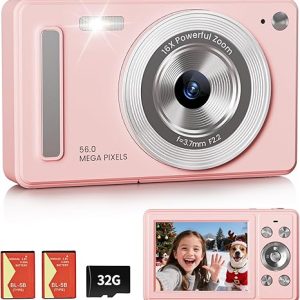 Digital Camera, FHD 1080P Point and Shoot Camera with 32GB SD Card, 2 Batteries, 16X Zoom, Anti Shake, Compact Small Design for Kids Teens Students Girls Boys